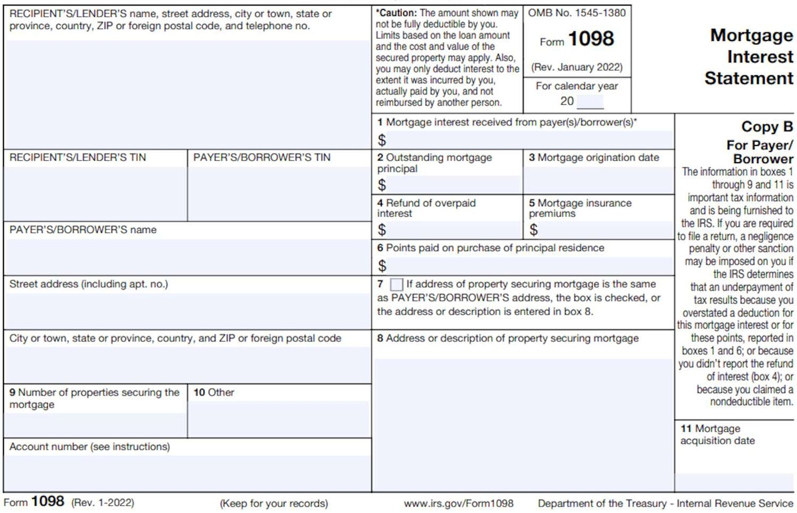 Example of Form 1098 Mortgage Interest Statement